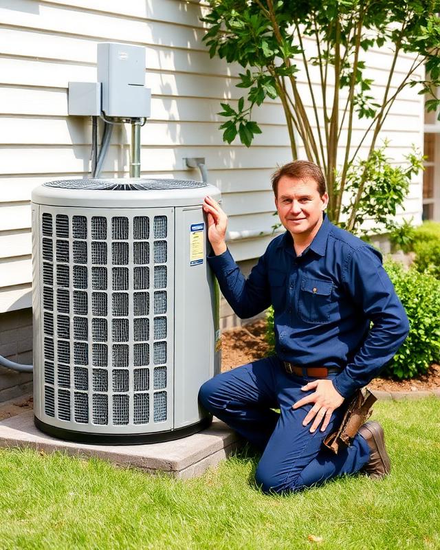 HVAC technician installing central air conditioning unit at Long Island home