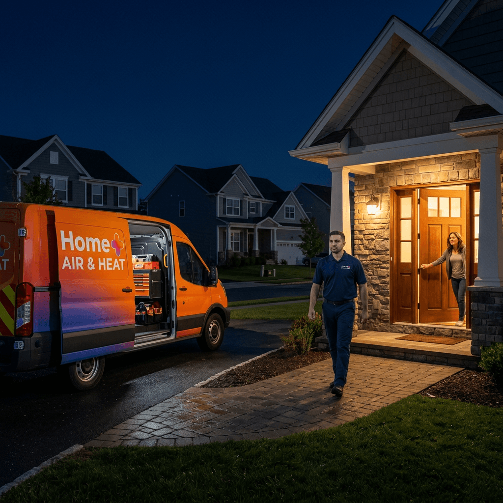 Home+ technician arriving for after-hours emergency repair