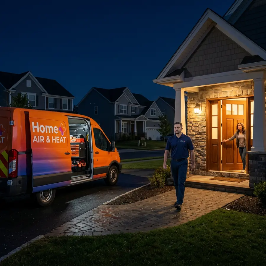 Home+ technician arriving for after-hours emergency repair