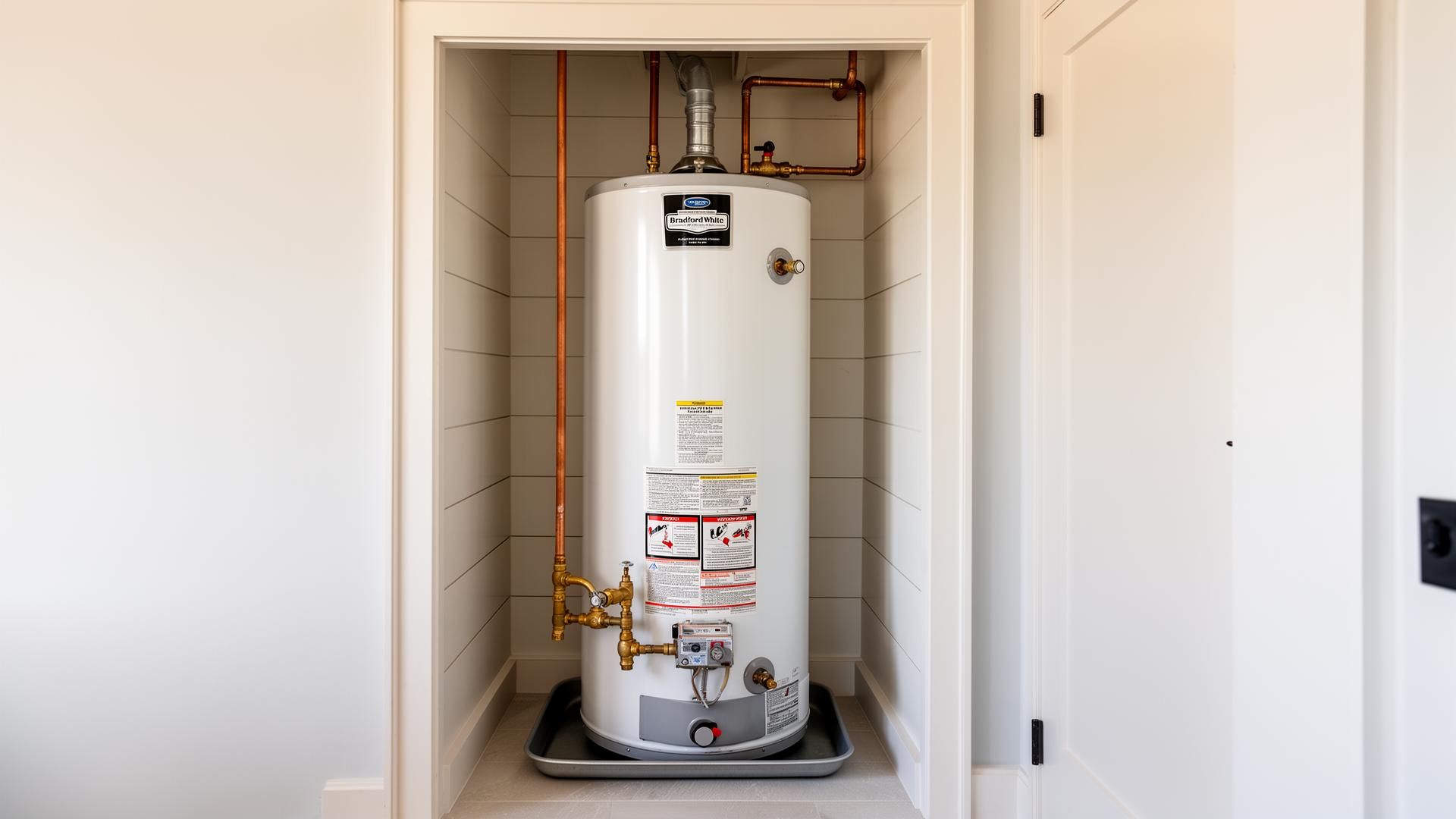Traditional Bradford White tank water heater in a recessed alcove with painted shiplap walls, brass shutoff valves, and a drain pan