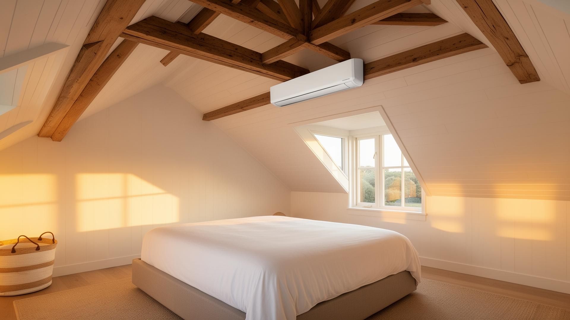 Slim designer ductless mini split mounted between exposed beams in a vaulted attic primary bedroom suite