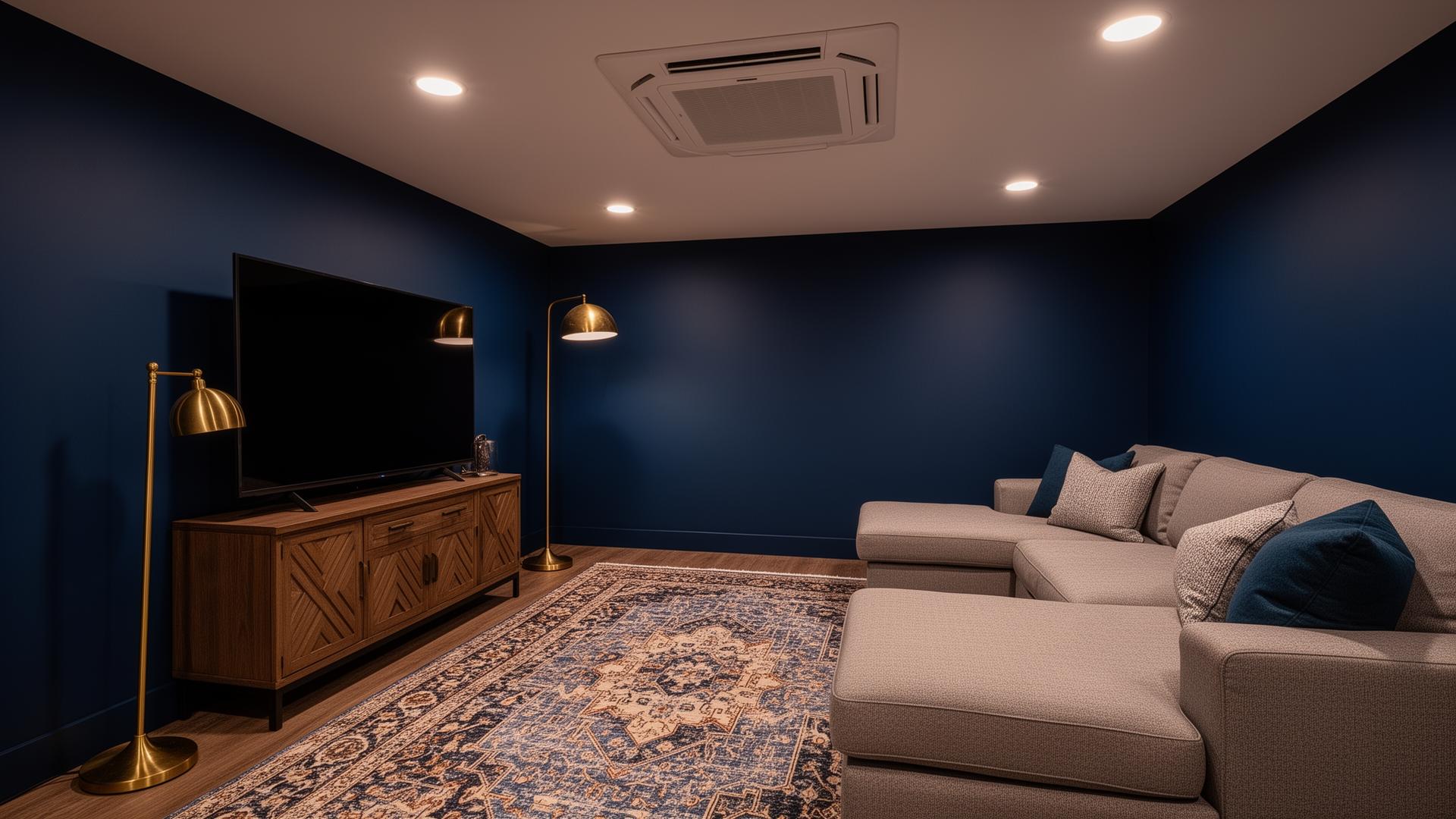 Ceiling cassette ductless mini split flush-mounted in the drop ceiling of a finished basement family room