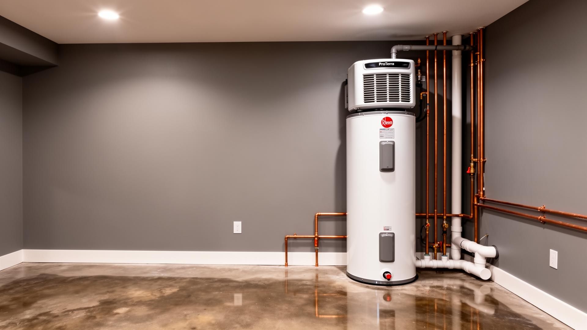 Tall white Rheem ProTerra hybrid heat pump water heater in a finished basement mechanical room with painted gray walls