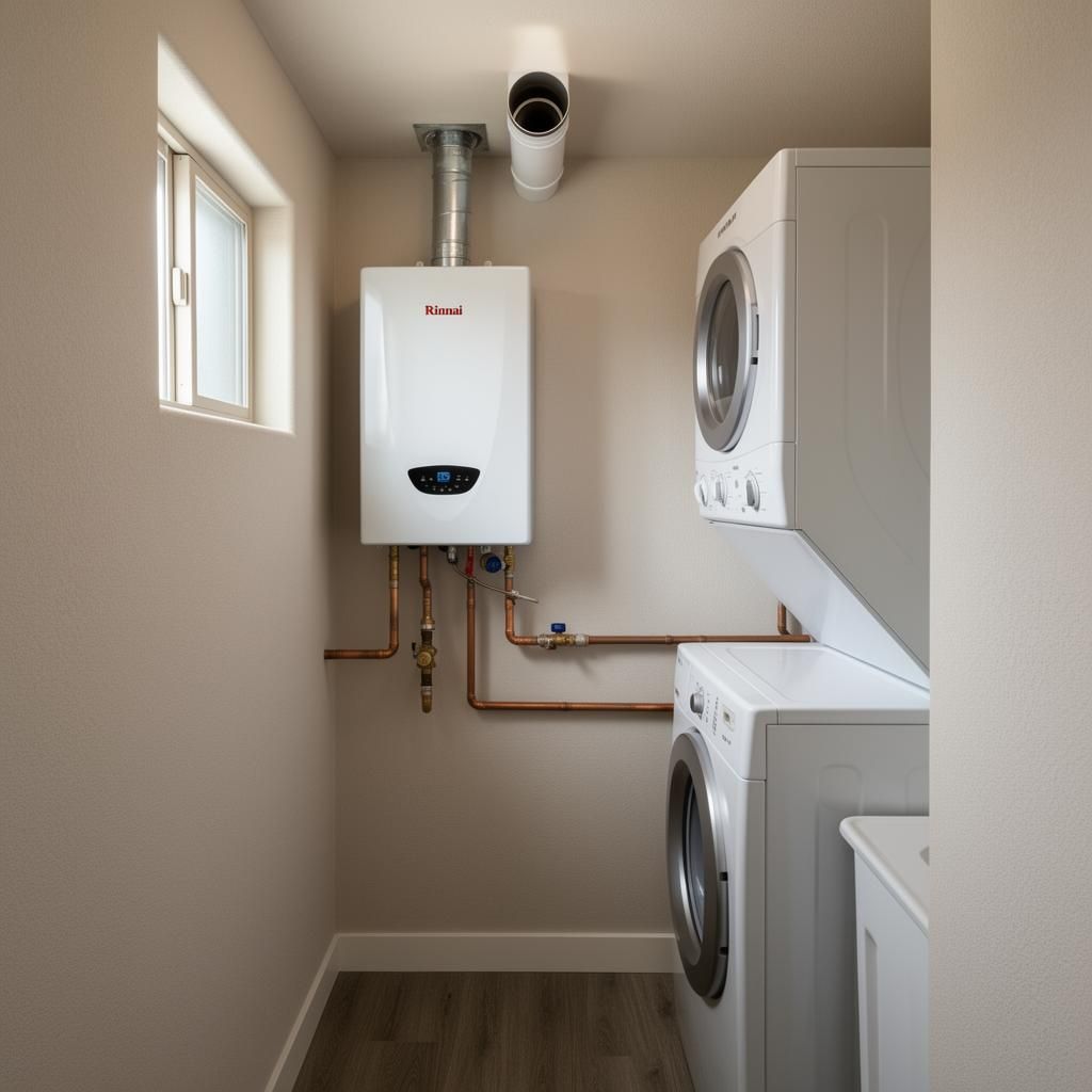 Slim tankless water heater installed in a hallway closet above a stacked washer dryer with neat copper supply lines