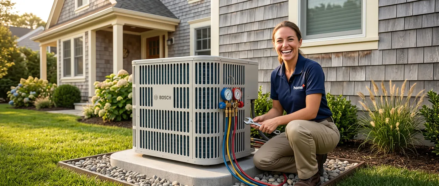 Smiling Home+ Air & Heat technician maintaining a Bosch HVAC unit at a Long Island home