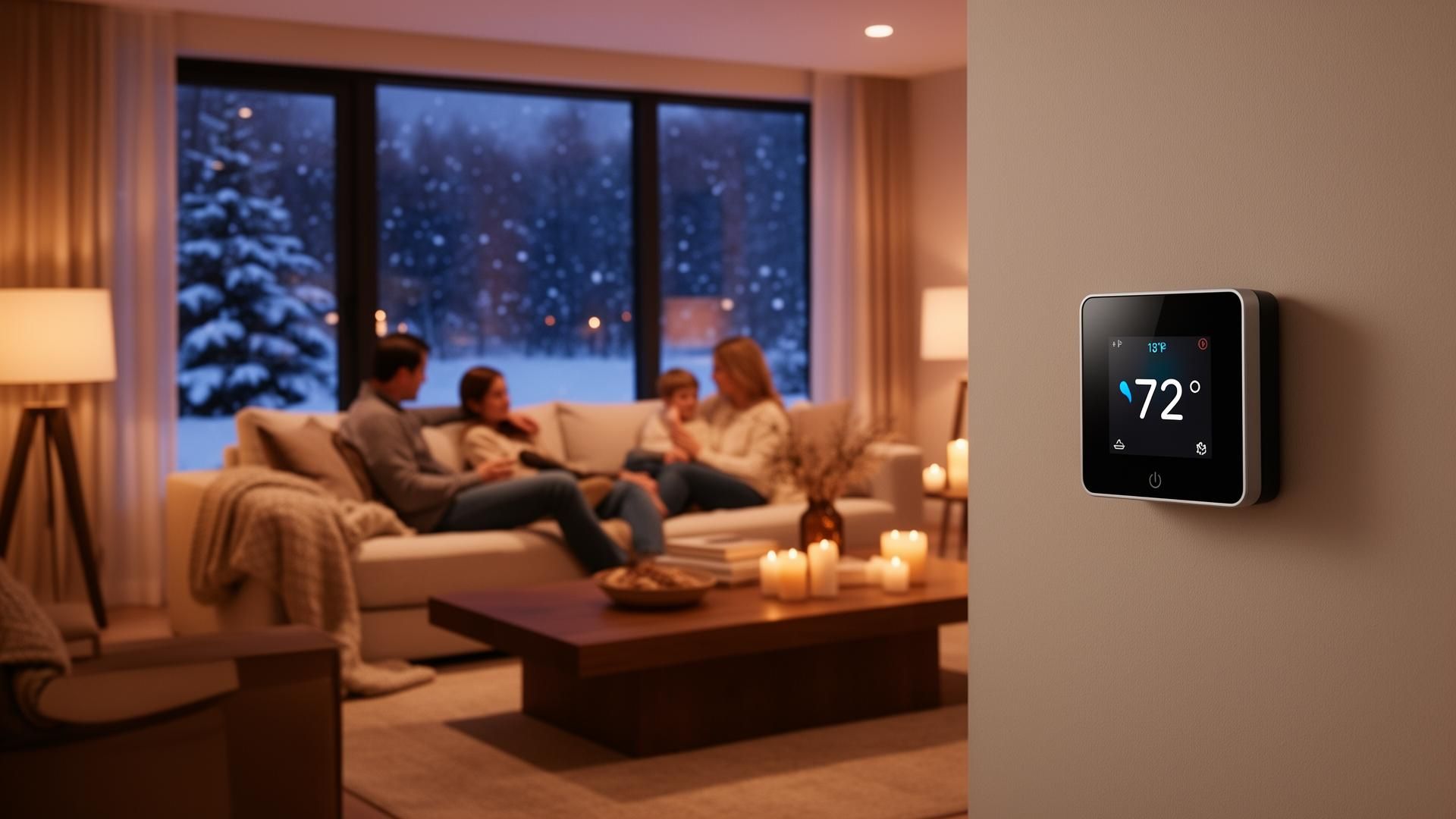 Comfortable home with smart thermostat showing ideal temperature