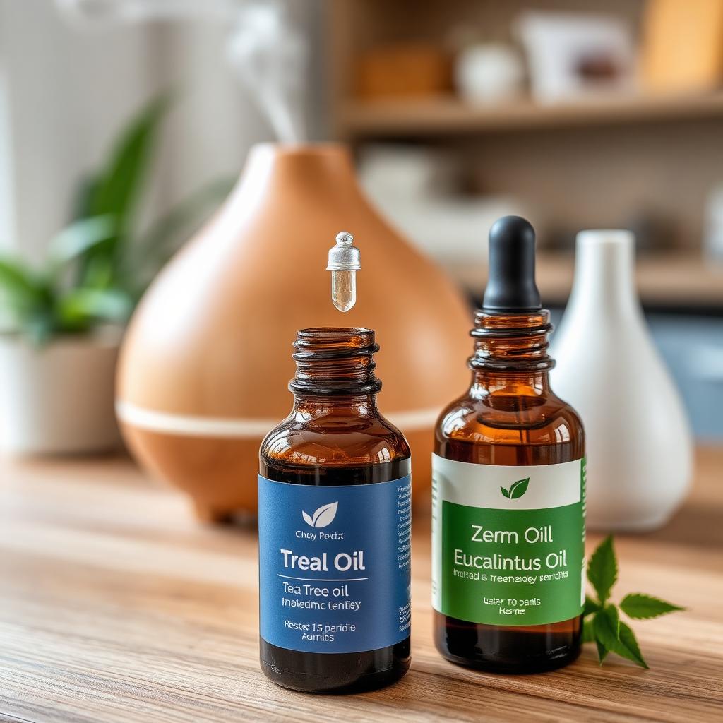 Essential oils including tea tree and eucalyptus for natural mold removal