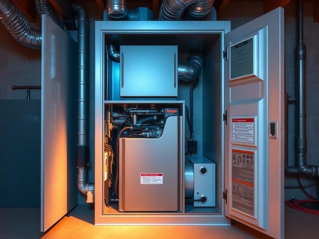 Modern residential furnace with internal components visible