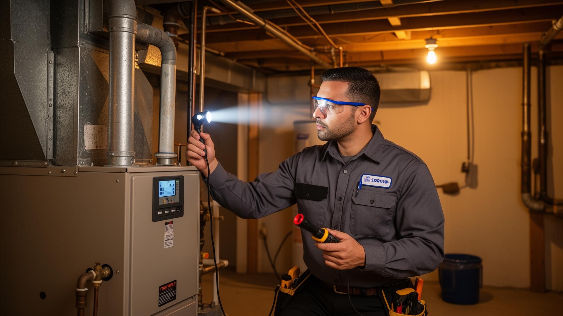 HVAC technician inspecting furnace