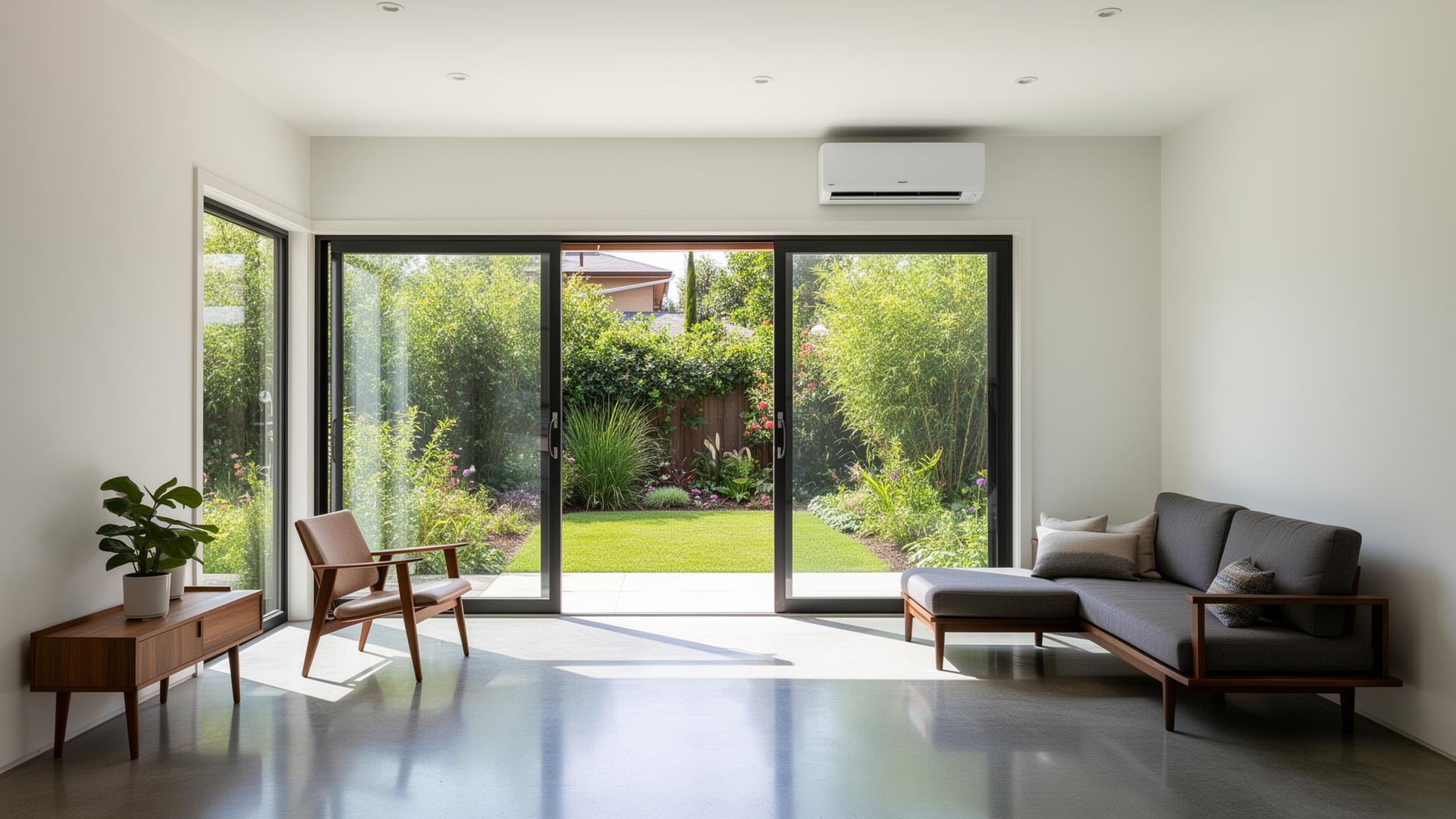 Wall-mounted ductless mini split in a modern backyard ADU with floor-to-ceiling windows and polished concrete floor
