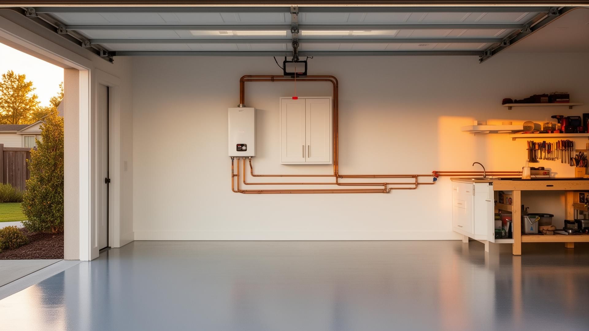 Tankless water heater in a finished suburban garage with epoxy floor, copper piping run cleanly along the wall