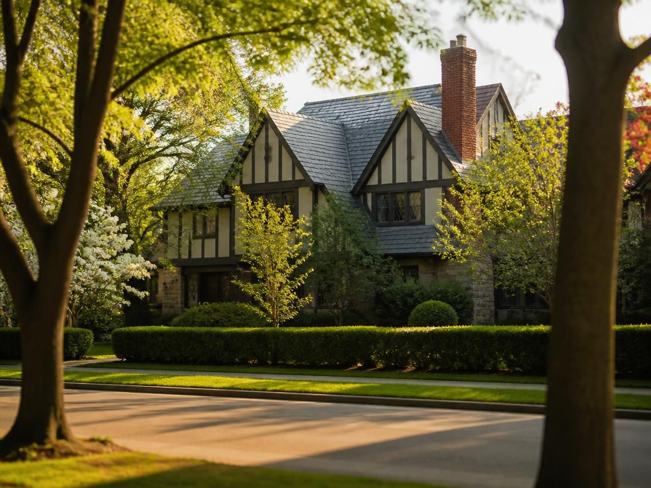 Golden-hour view of a 1920s Tudor-Revival home with slate roof and half-timbering on a tree-lined street in Garden City, NY