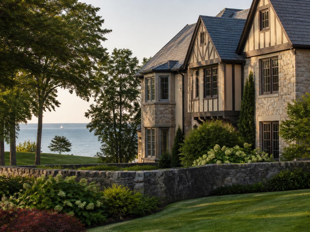 Elegant stone-and-timber Tudor estate on a manicured lawn overlooking Manhasset Bay in Great Neck, NY