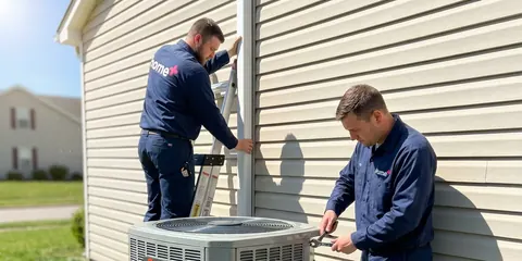 Home+ Air & Heat technicians installing a new AC and furnace system in a Long Island home