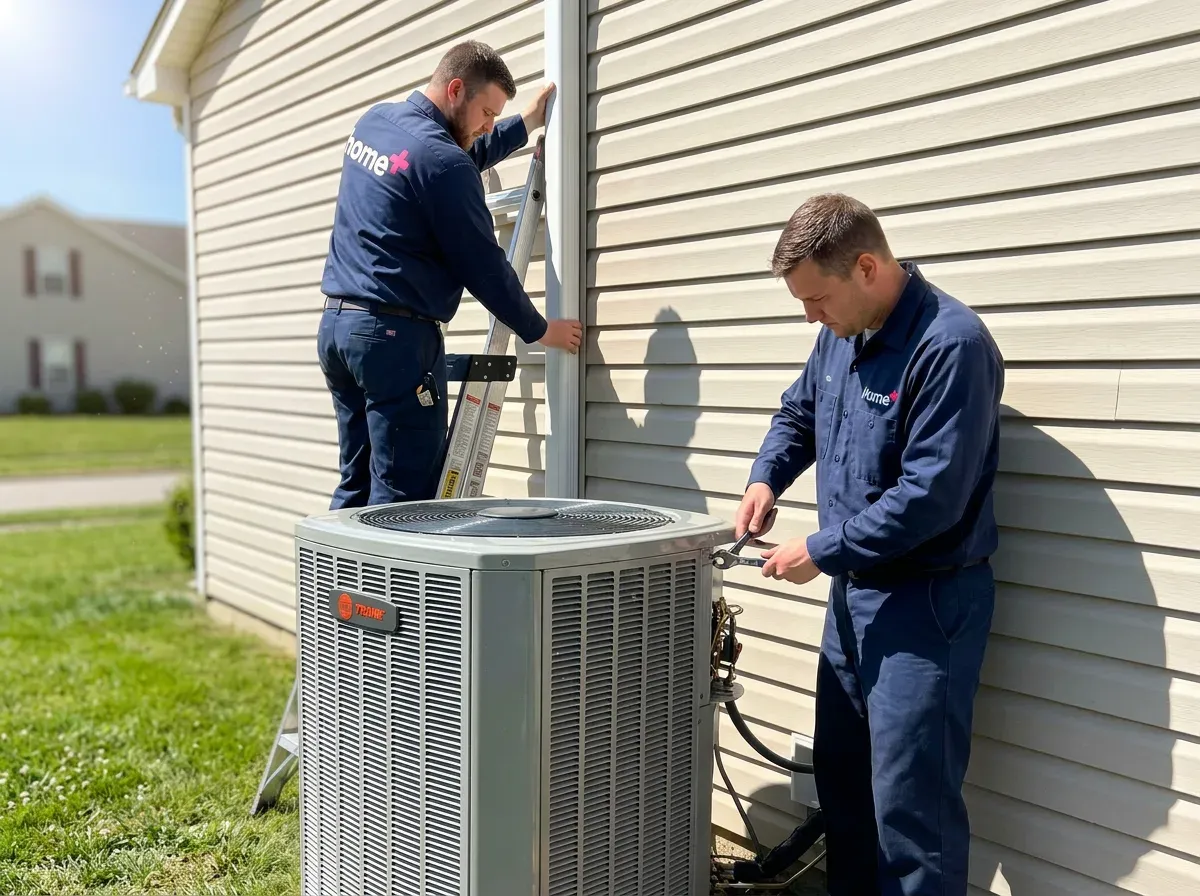 Home+ Air & Heat technicians completing a full AC and furnace system replacement in a Nassau County home