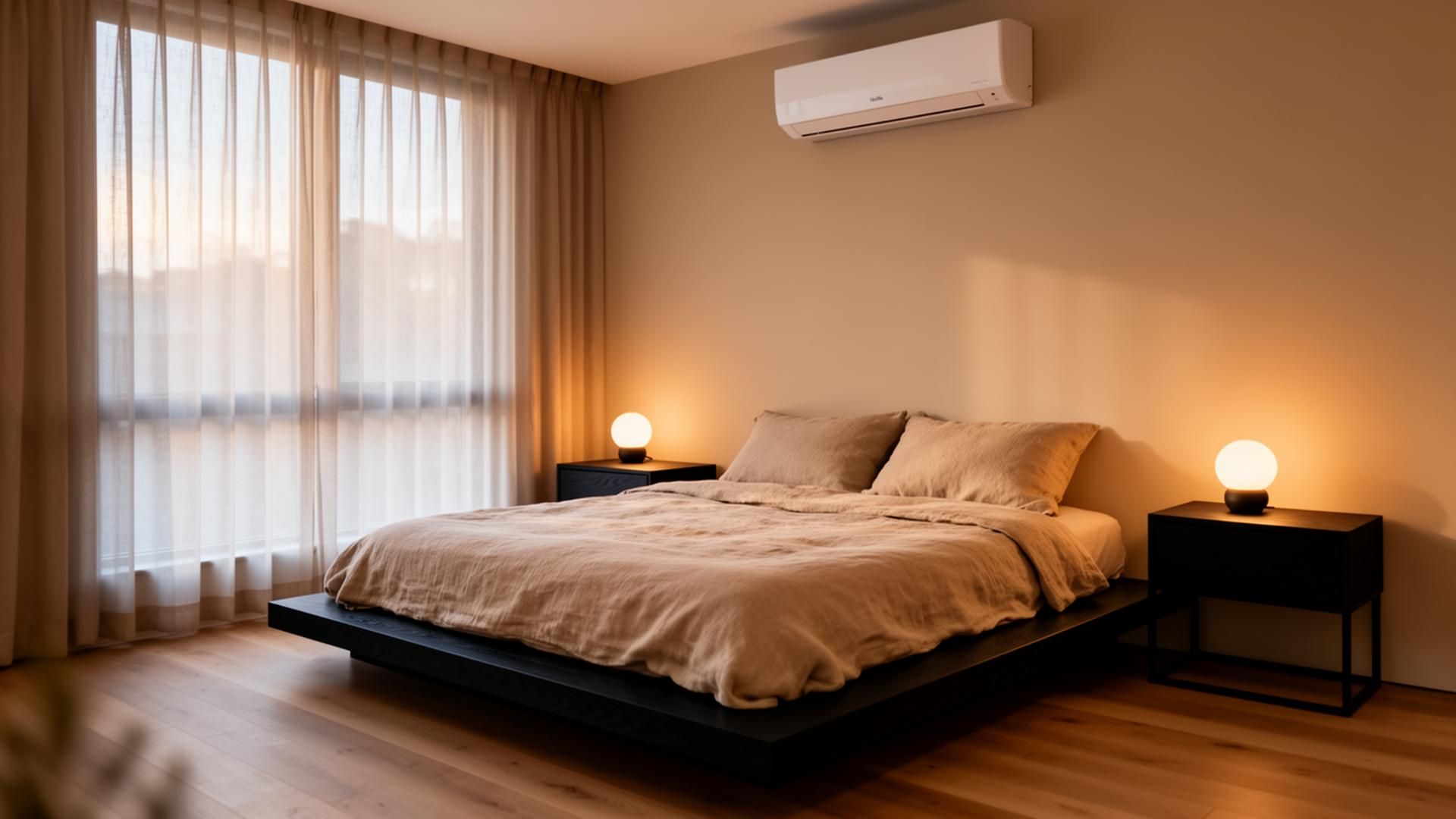 Mitsubishi MSZ-FS slim designer ductless mini split mounted above a low platform bed in a Japandi bedroom