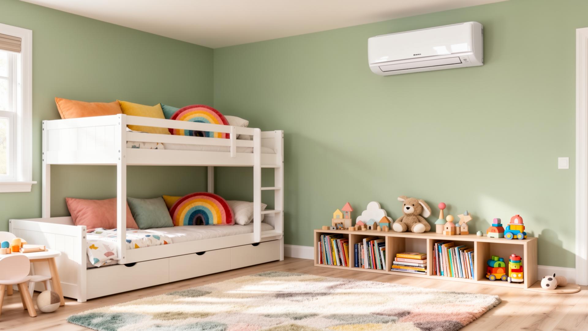 White wall-mounted ductless mini split in a colorful Scandinavian kids bedroom with bunk bed and rainbow accents