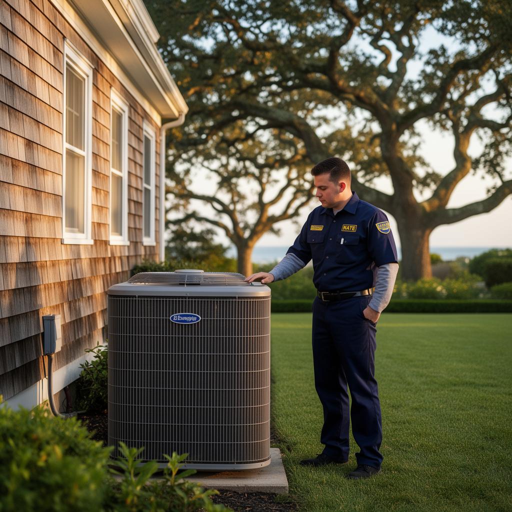 NATE-certified Home+ HVAC technician servicing a central air conditioner outside a Suffolk County, Long Island home