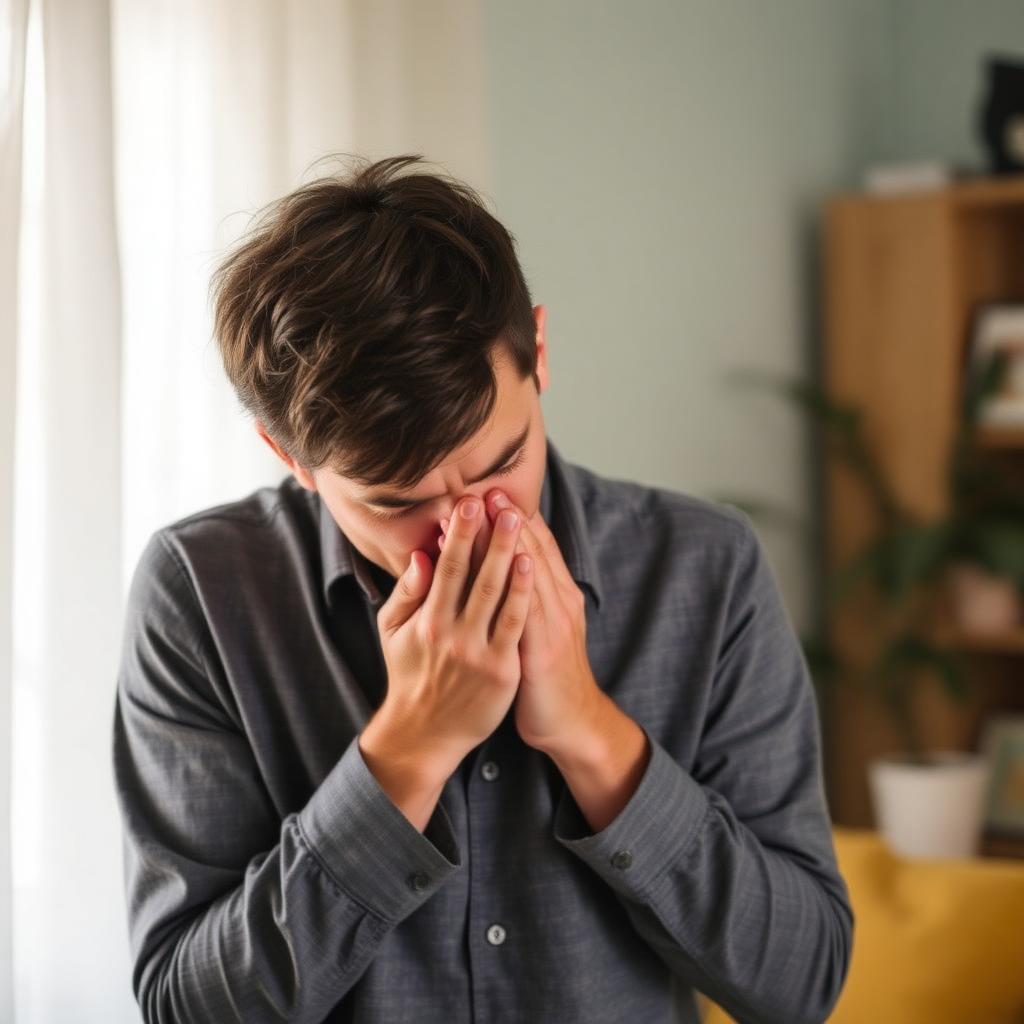 Person experiencing allergy symptoms from mold spore exposure