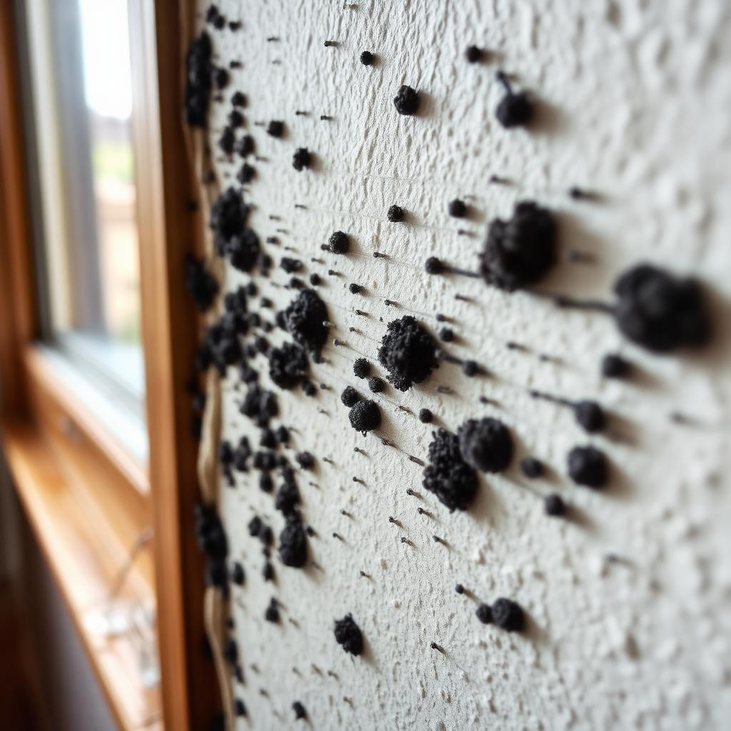 Close-up of mold spores growing on a damp wall surface