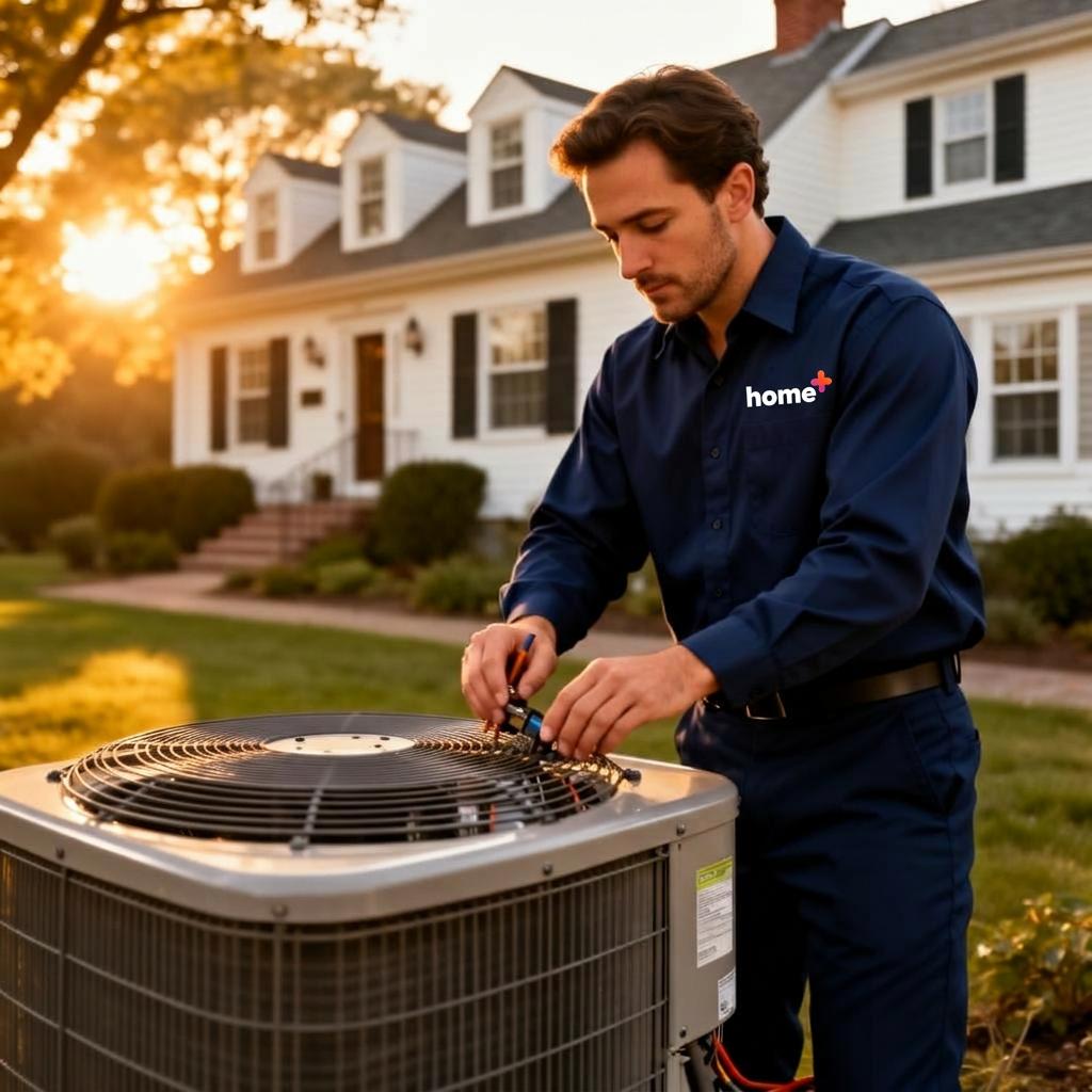 Home+ HVAC technician servicing a central air conditioner outside a Nassau County Long Island home
