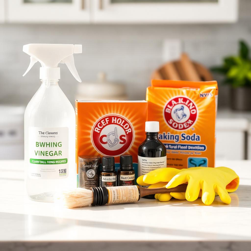 Natural mold cleaning supplies including vinegar, baking soda, and essential oils