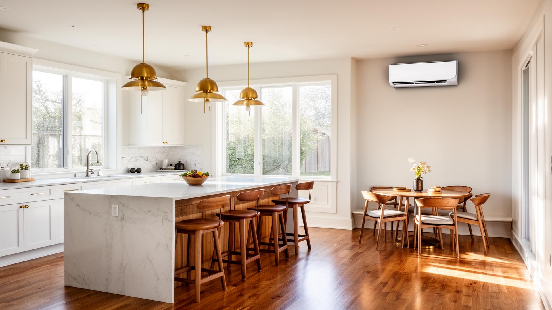 Daikin Emura designer ductless mini split mounted above a dining nook in a modern open-concept kitchen