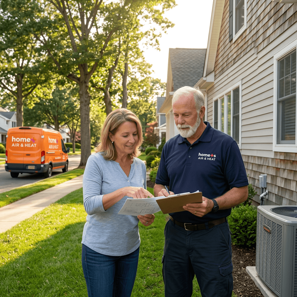 Home+ technician discussing air quality solutions with homeowner
