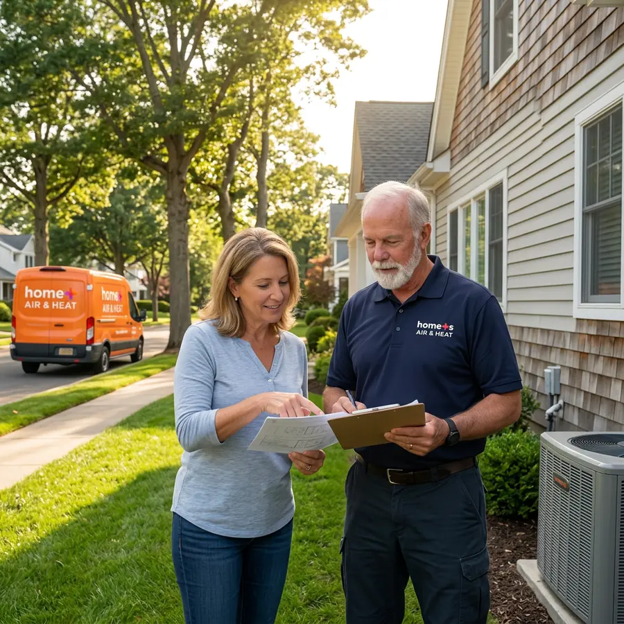 Technician discussing heating plan with homeowner