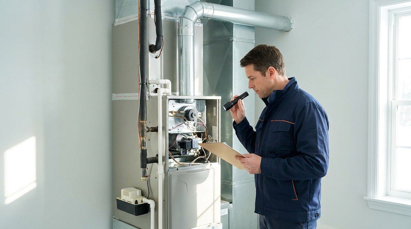 Home+ technician completing a detailed indoor furnace inspection