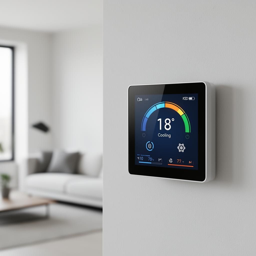 Smart thermostat displaying temperature and AC controls