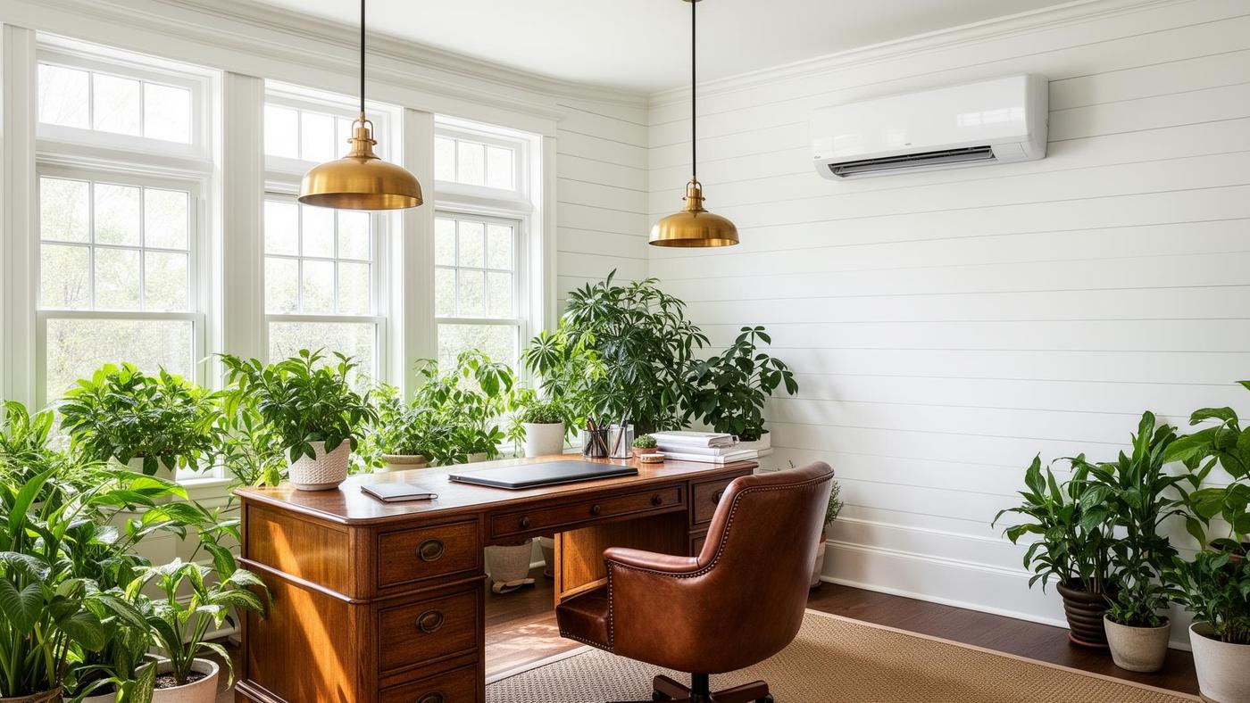 White wall-mounted ductless mini split blending into shiplap walls of a modern farmhouse home office sunroom