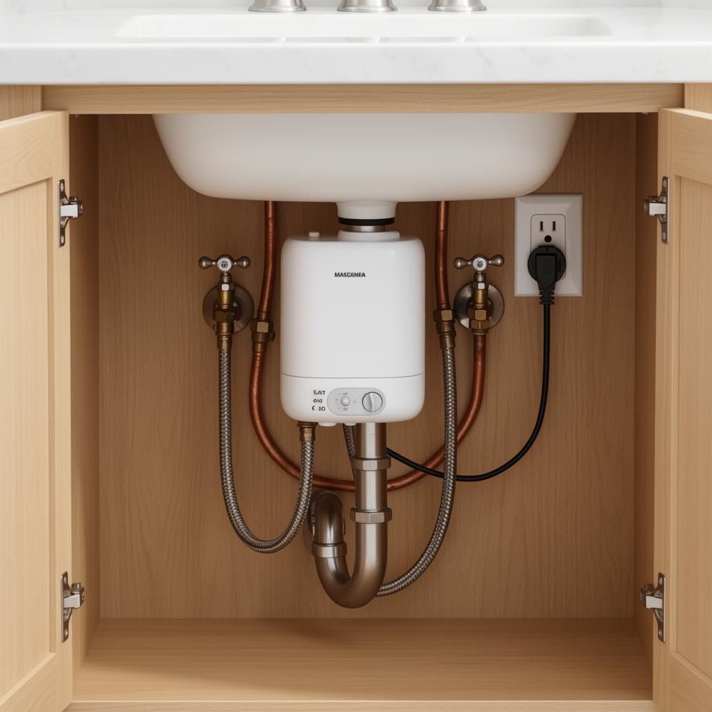 Compact under-sink point-of-use mini tank water heater installed cleanly under a modern kitchen sink with shaker cabinets