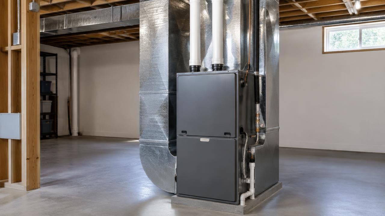 High-efficiency gas furnace installed in a residential basement