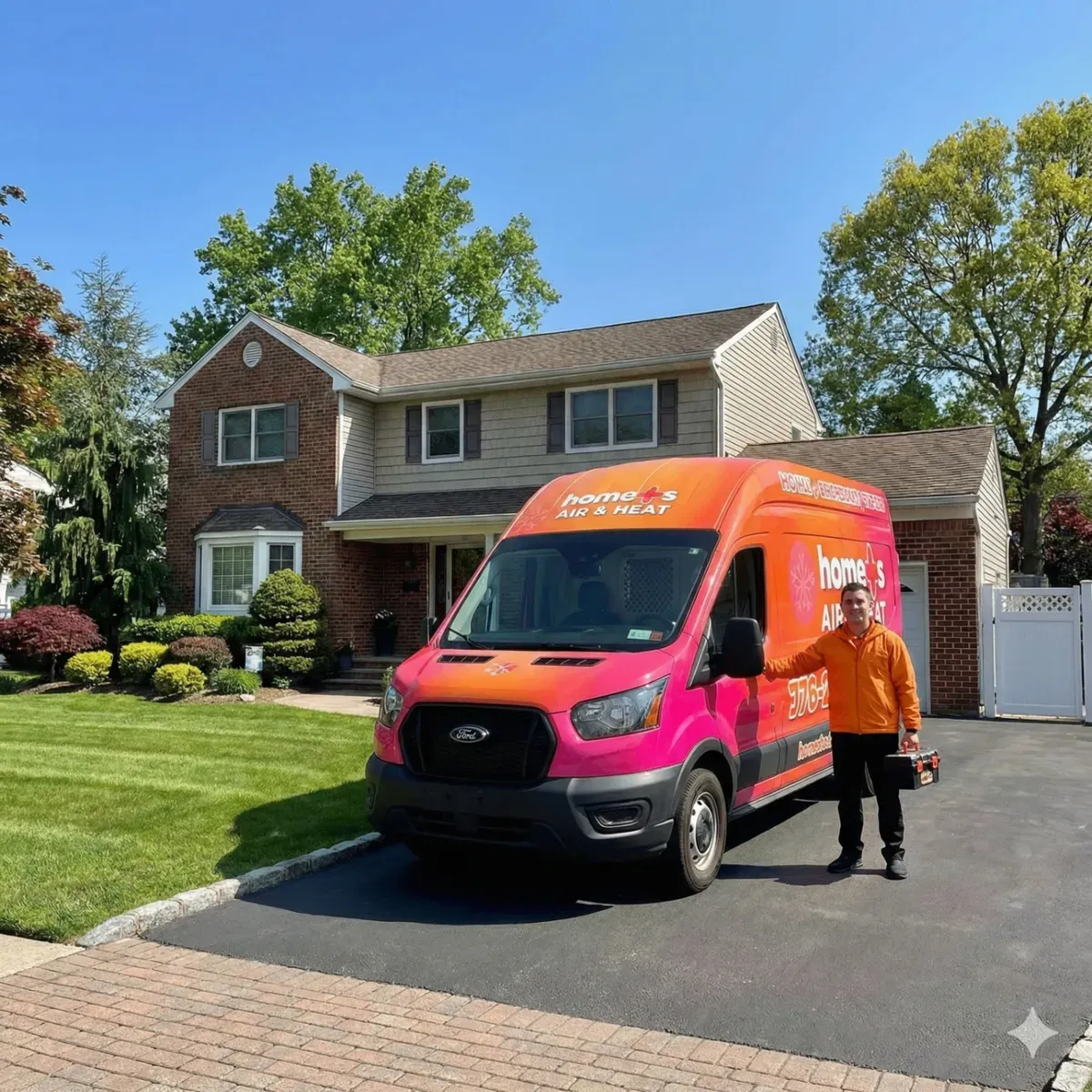 Home+ Air & Heat technician arriving at a Long Island home