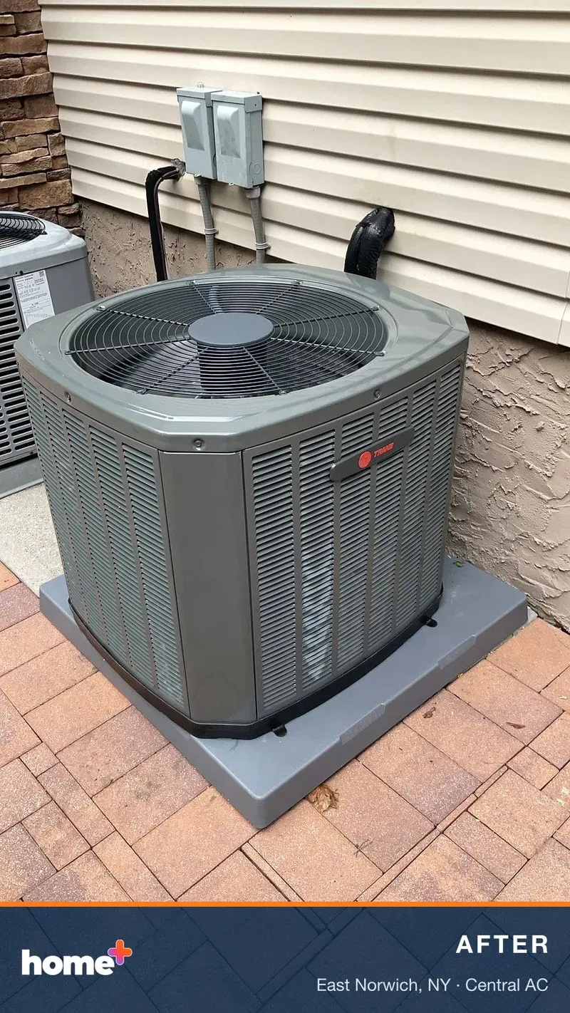 After: the new Trane 3-ton condenser, level on a new composite pad with an insulated line set. The unit at left wasn't part of this job.