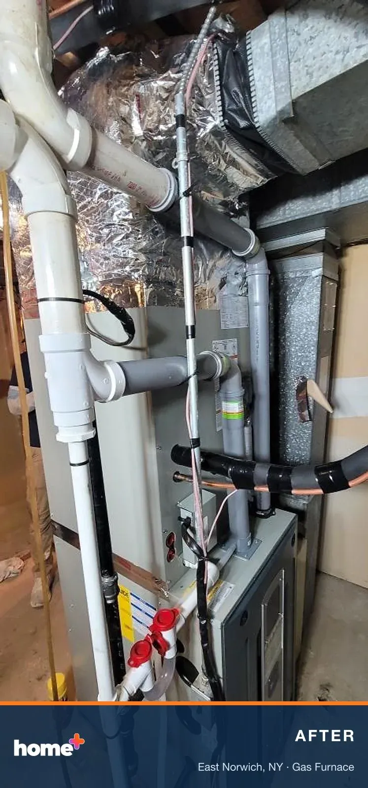 After: the new Trane furnace in the same bay, with its new gray vent pipes and foil-wrapped ductwork overhead.